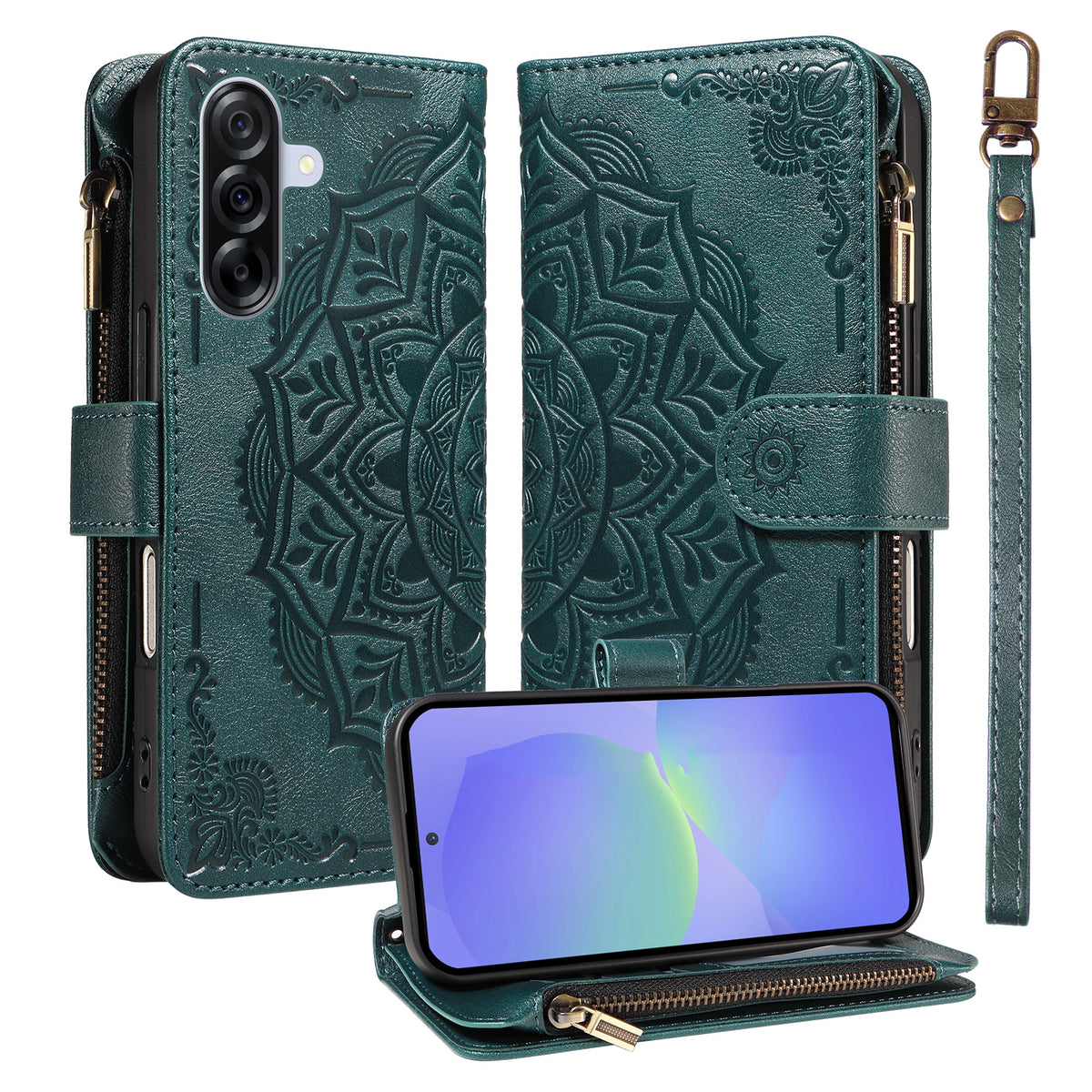 For Samsung Galaxy A36 5G Wallet Case 9 Card Slots RFID Blocking Mandala Embossed Leather Flip Cover with Wrist Strap