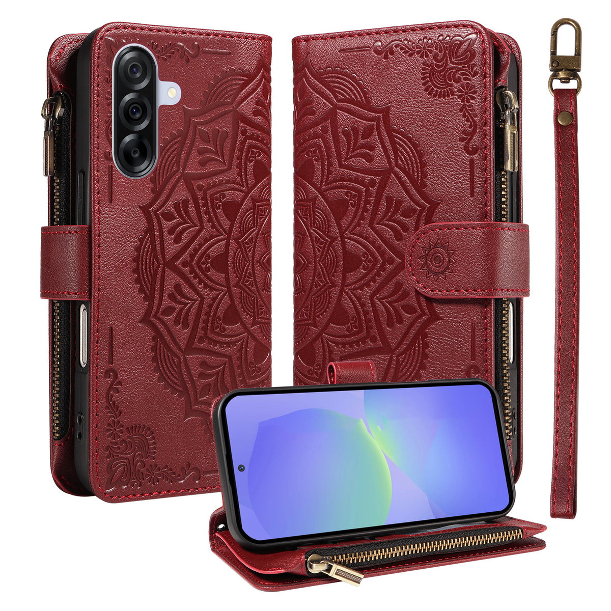 For Samsung Galaxy A36 5G Wallet Case 9 Card Slots RFID Blocking Mandala Embossed Leather Flip Cover with Wrist Strap