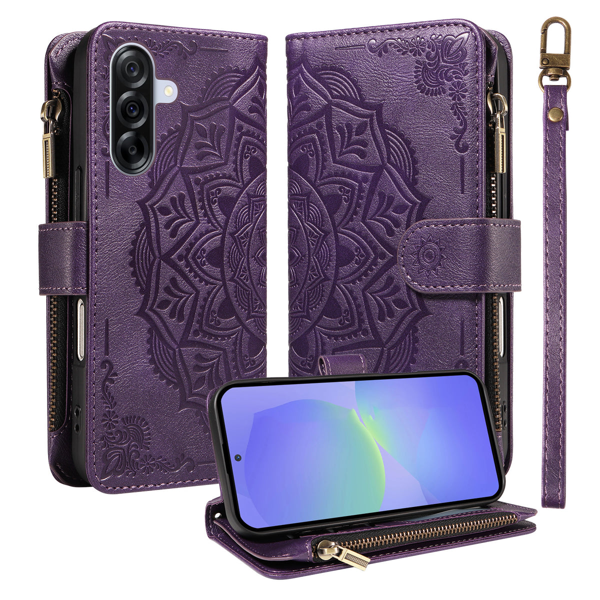 For Samsung Galaxy A36 5G Wallet Case 9 Card Slots RFID Blocking Mandala Embossed Leather Flip Cover with Wrist Strap