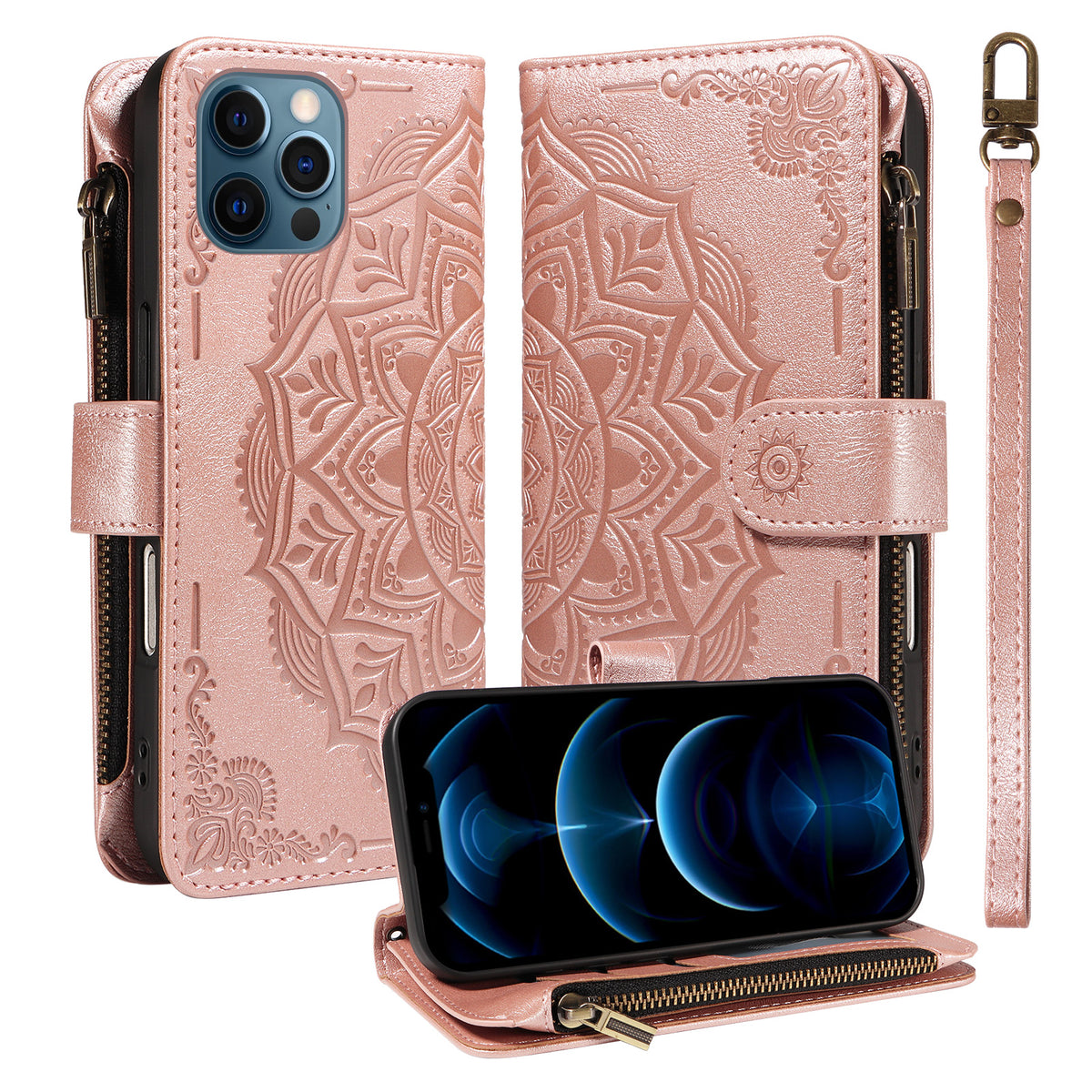 For iPhone 13 Pro Max Wallet Case 9 Card Slots RFID Blocking Mandala Embossed Leather Flip Cover with Wrist Strap