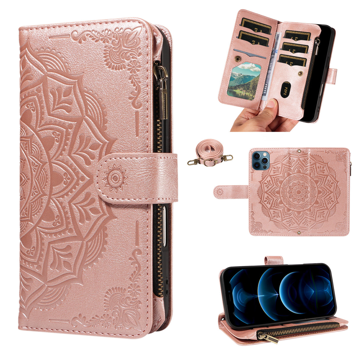 For iPhone 13 Pro Max Wallet Case 9 Card Slots RFID Blocking Mandala Embossed Leather Flip Cover with Wrist Strap