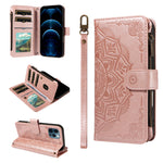 For iPhone 13 Pro Max Wallet Case 9 Card Slots RFID Blocking Mandala Embossed Leather Flip Cover with Wrist Strap