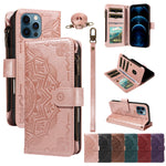 For iPhone 13 Pro Max Wallet Case 9 Card Slots RFID Blocking Mandala Embossed Leather Flip Cover with Wrist Strap