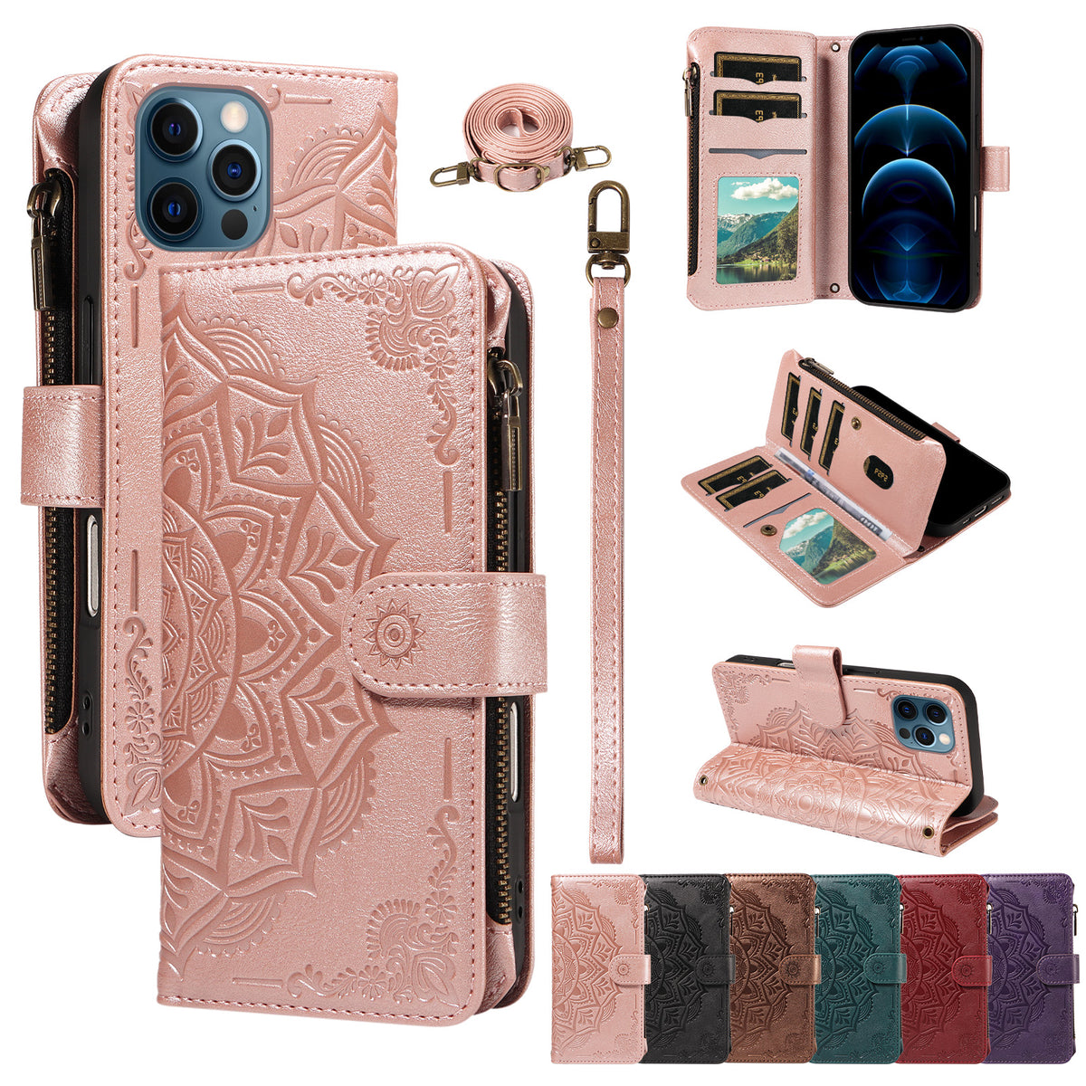 For iPhone 13 Pro Max Wallet Case 9 Card Slots RFID Blocking Mandala Embossed Leather Flip Cover with Wrist Strap
