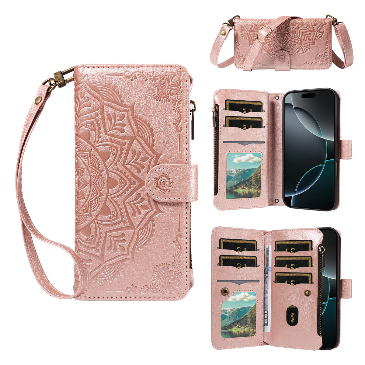 For iPhone 13 Pro Max Wallet Case 9 Card Slots RFID Blocking Mandala Embossed Leather Flip Cover with Wrist Strap