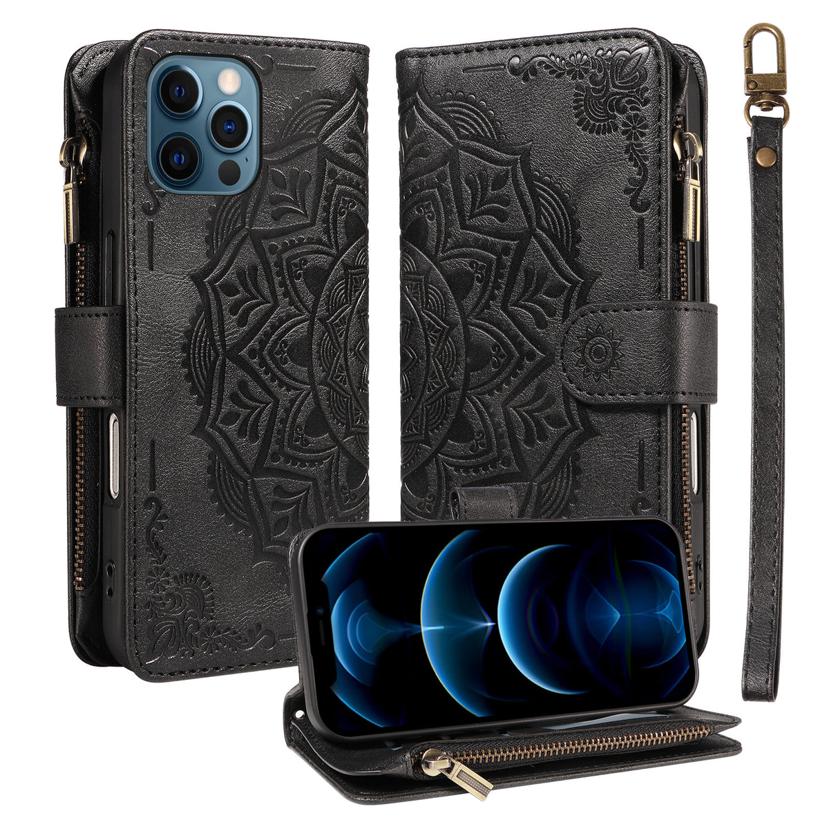 For iPhone 13 Pro Max Wallet Case 9 Card Slots RFID Blocking Mandala Embossed Leather Flip Cover with Wrist Strap
