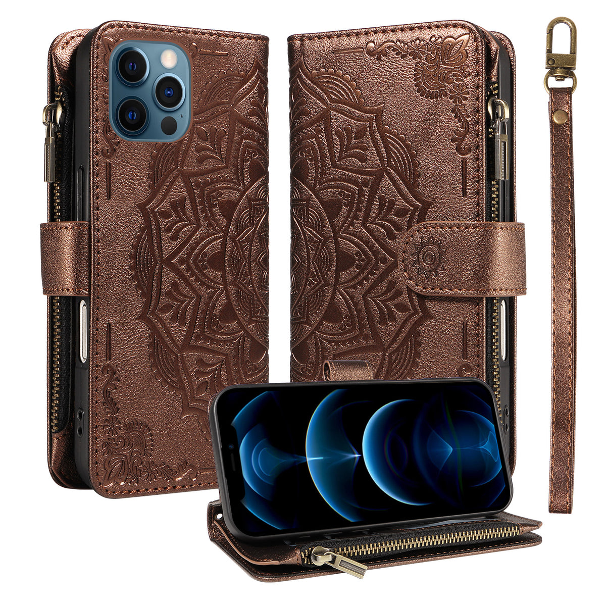 For iPhone 13 Pro Max Wallet Case 9 Card Slots RFID Blocking Mandala Embossed Leather Flip Cover with Wrist Strap