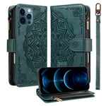 For iPhone 13 Pro Max Wallet Case 9 Card Slots RFID Blocking Mandala Embossed Leather Flip Cover with Wrist Strap