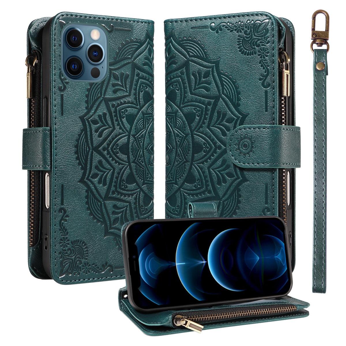 For iPhone 13 Pro Max Wallet Case 9 Card Slots RFID Blocking Mandala Embossed Leather Flip Cover with Wrist Strap