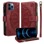 For iPhone 13 Pro Max Wallet Case 9 Card Slots RFID Blocking Mandala Embossed Leather Flip Cover with Wrist Strap
