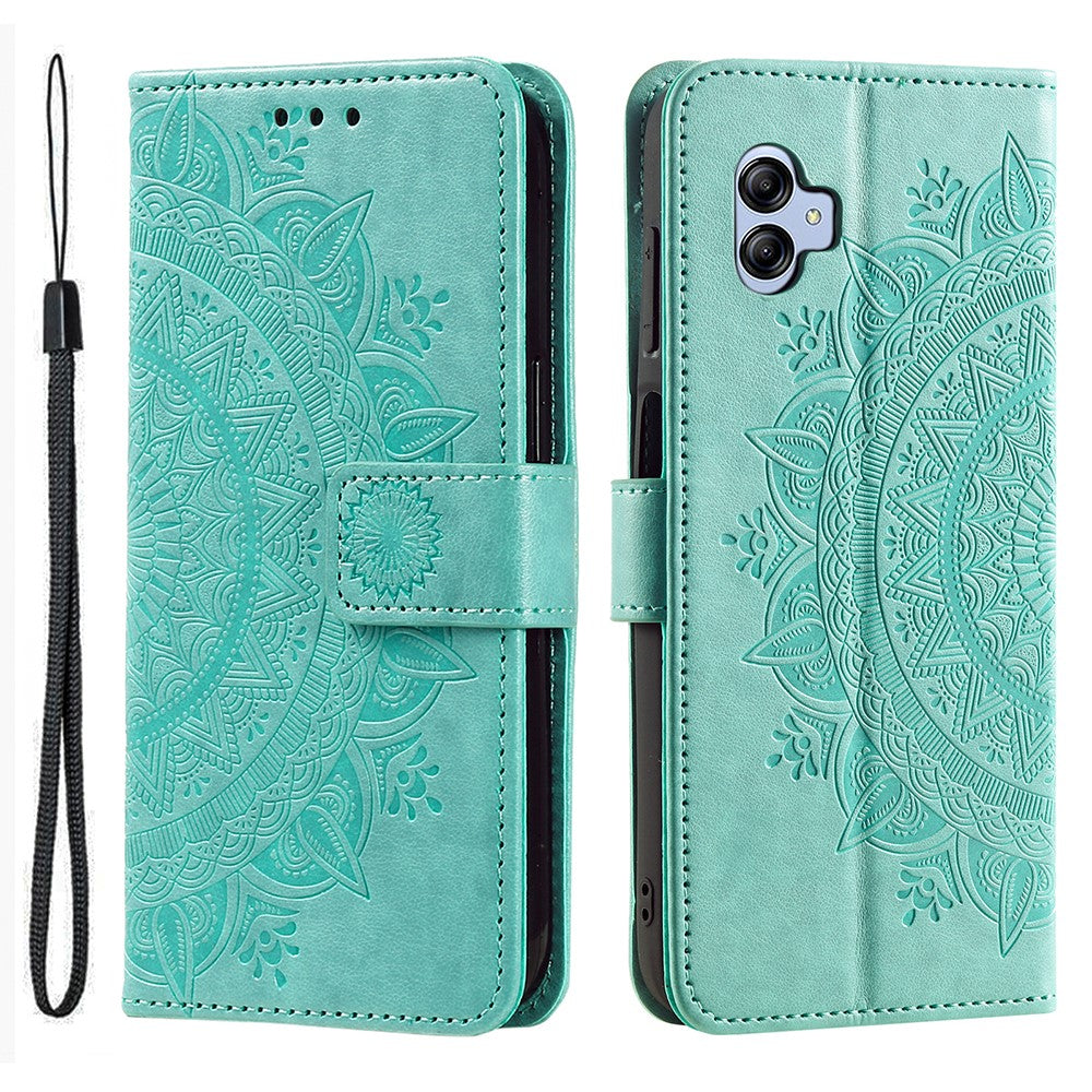 Samsung Galaxy A04e 4G / F04 4G / M04 4G Plånboksfodral med mandalamotiv, PU-läder, magnetiskt fällbart stativ, mobilskal med rem