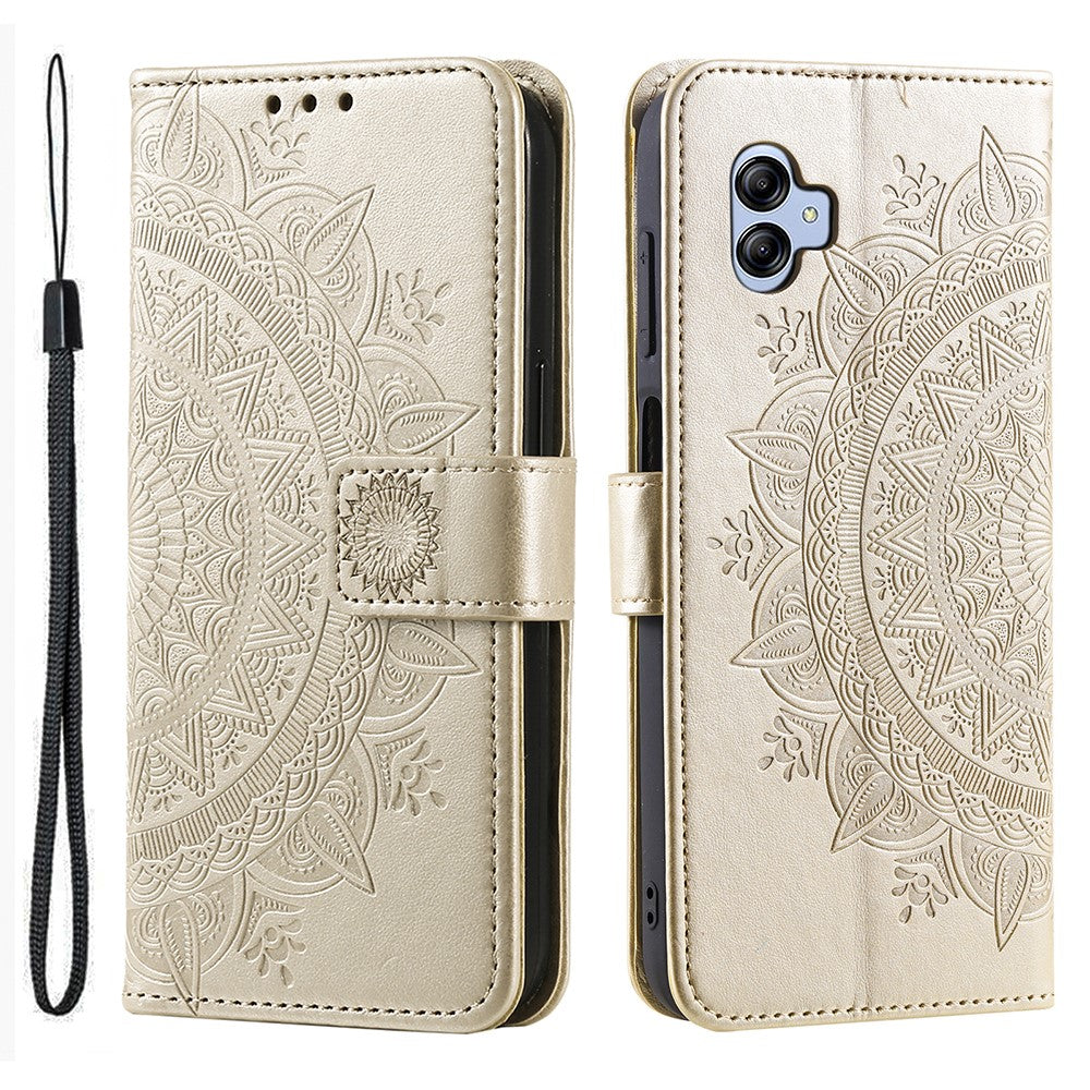 Samsung Galaxy A04e 4G / F04 4G / M04 4G Plånboksfodral med mandalamotiv, PU-läder, magnetiskt fällbart stativ, mobilskal med rem