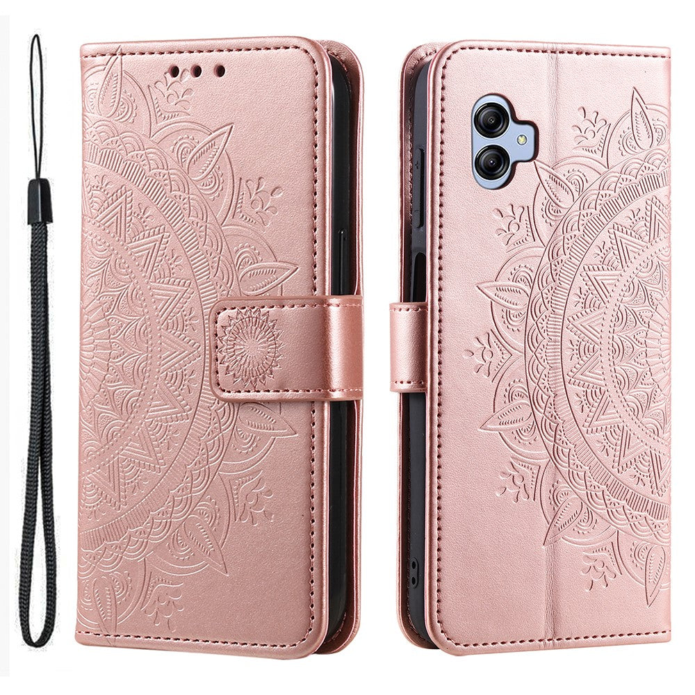 Samsung Galaxy A04e 4G / F04 4G / M04 4G Plånboksfodral med mandalamotiv, PU-läder, magnetiskt fällbart stativ, mobilskal med rem
