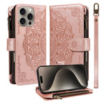 For iPhone 15 Pro Max Wallet Case 9 Card Slots RFID Blocking Mandala Embossed Leather Flip Cover with Wrist Strap
