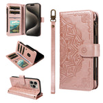 For iPhone 15 Pro Max Wallet Case 9 Card Slots RFID Blocking Mandala Embossed Leather Flip Cover with Wrist Strap