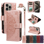 For iPhone 15 Pro Max Wallet Case 9 Card Slots RFID Blocking Mandala Embossed Leather Flip Cover with Wrist Strap
