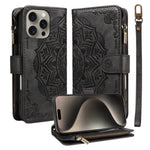 For iPhone 15 Pro Max Wallet Case 9 Card Slots RFID Blocking Mandala Embossed Leather Flip Cover with Wrist Strap