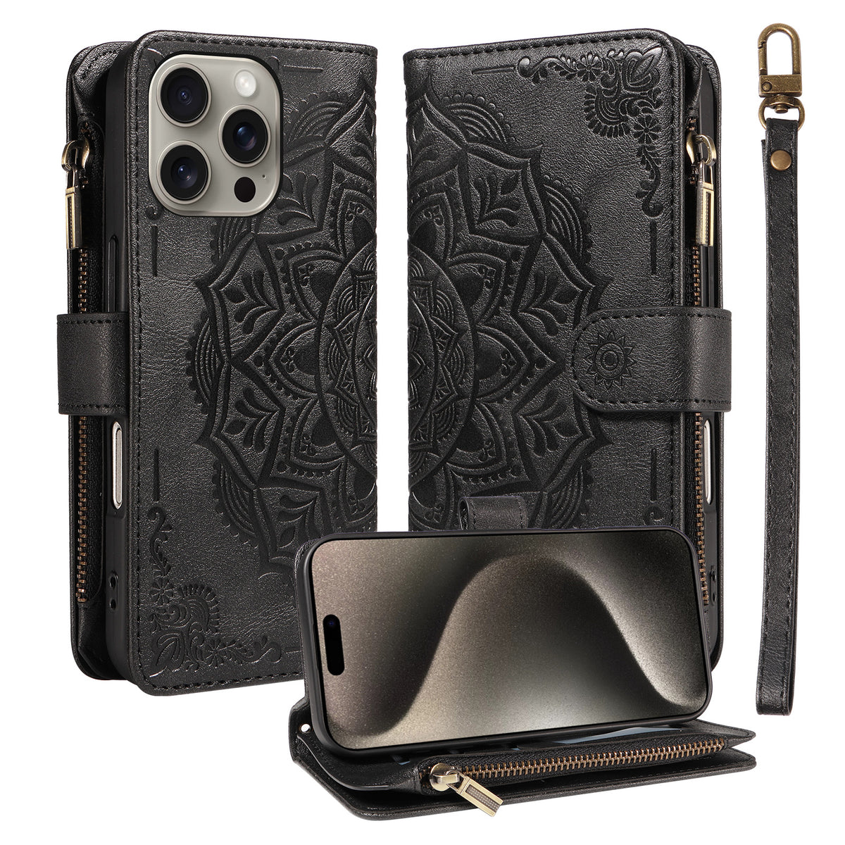 For iPhone 15 Pro Max Wallet Case 9 Card Slots RFID Blocking Mandala Embossed Leather Flip Cover with Wrist Strap