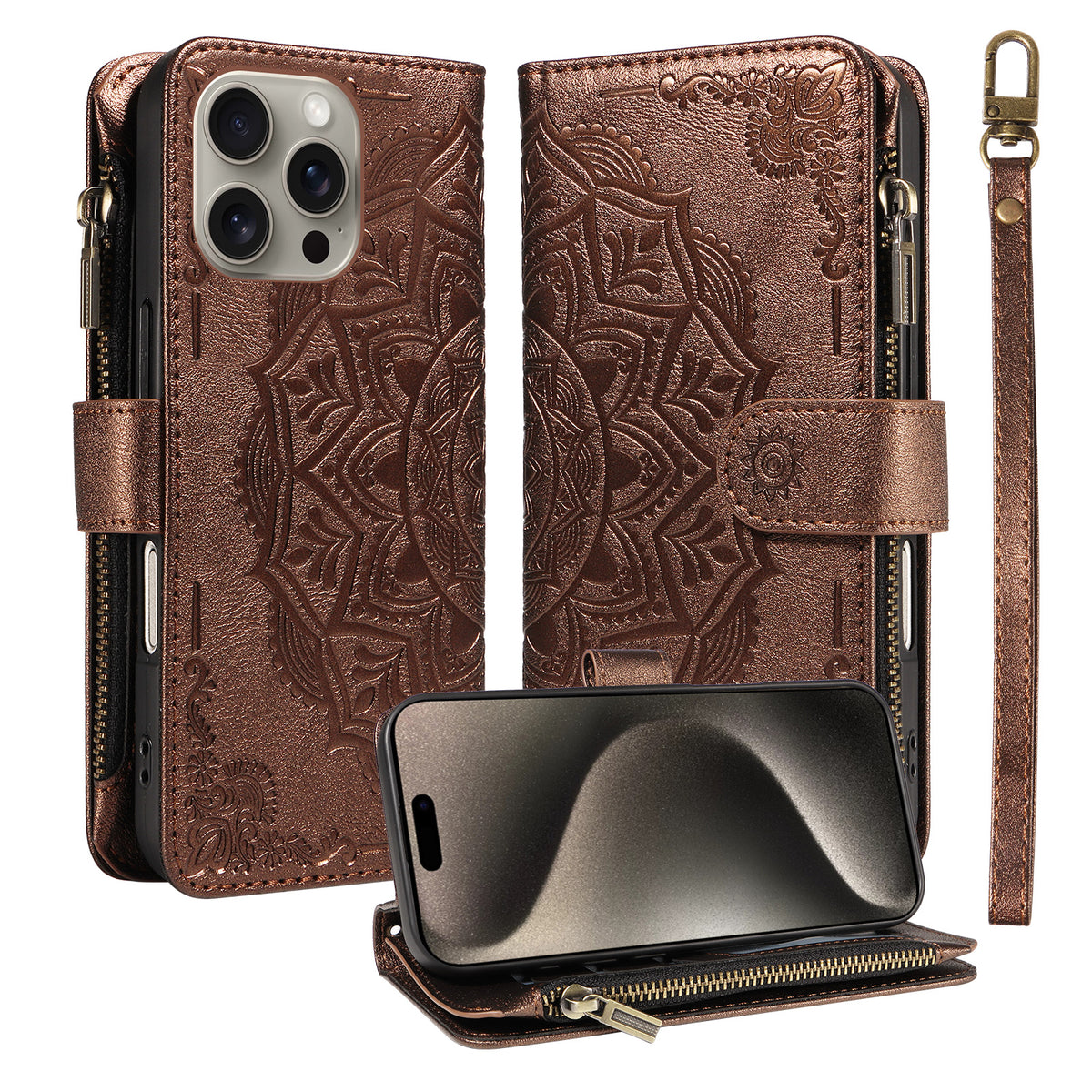 For iPhone 15 Pro Max Wallet Case 9 Card Slots RFID Blocking Mandala Embossed Leather Flip Cover with Wrist Strap