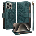 For iPhone 15 Pro Max Wallet Case 9 Card Slots RFID Blocking Mandala Embossed Leather Flip Cover with Wrist Strap