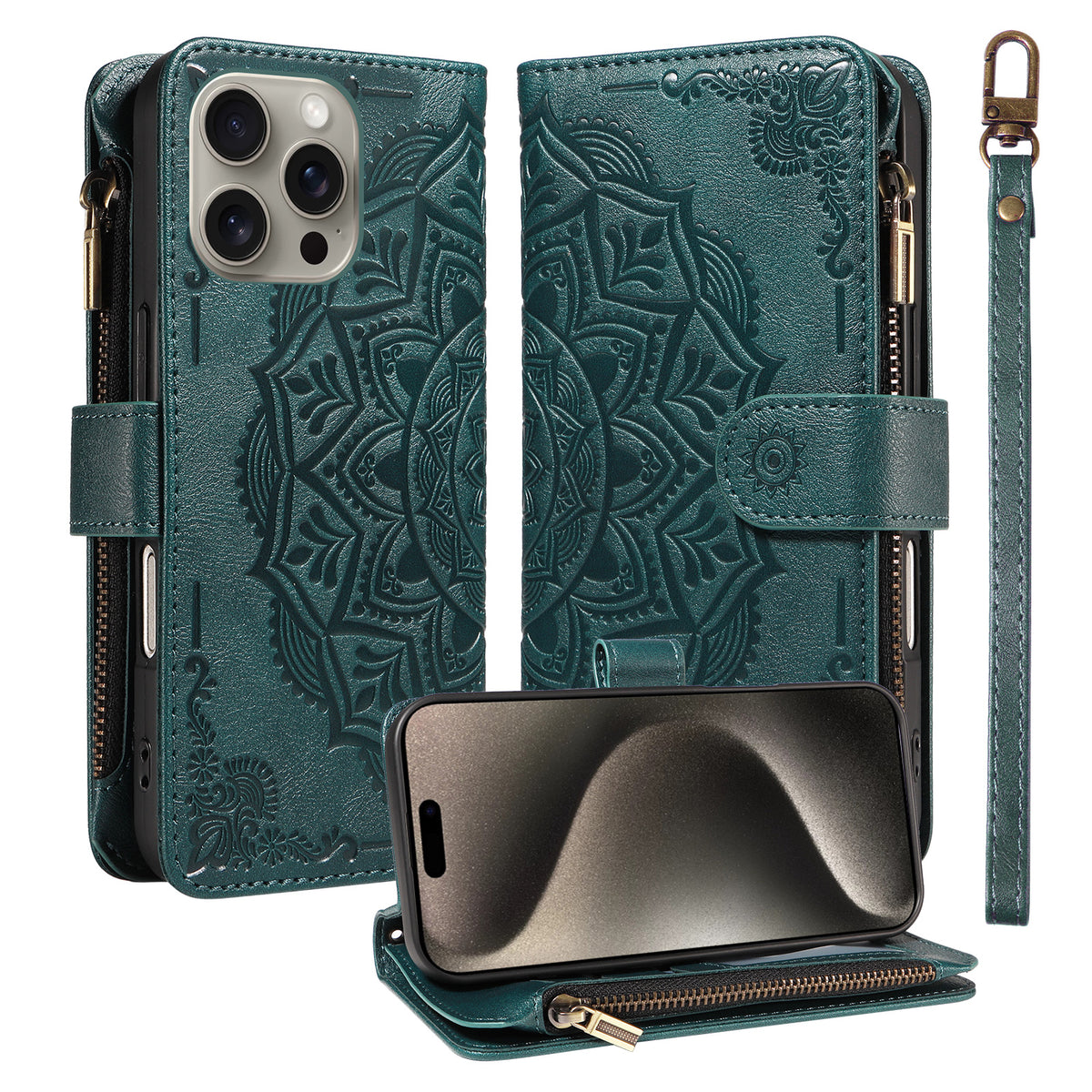 For iPhone 15 Pro Max Wallet Case 9 Card Slots RFID Blocking Mandala Embossed Leather Flip Cover with Wrist Strap