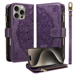 For iPhone 15 Pro Max Wallet Case 9 Card Slots RFID Blocking Mandala Embossed Leather Flip Cover with Wrist Strap
