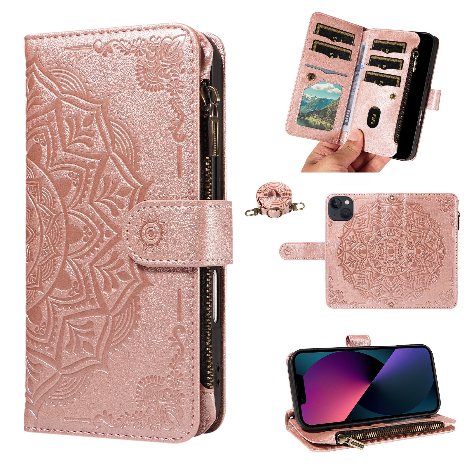 Til iPhone 14 Pung Etui 9 Kortpladser RFID-Blokering Mandala Præget Læder Flip Cover med Håndledsrem