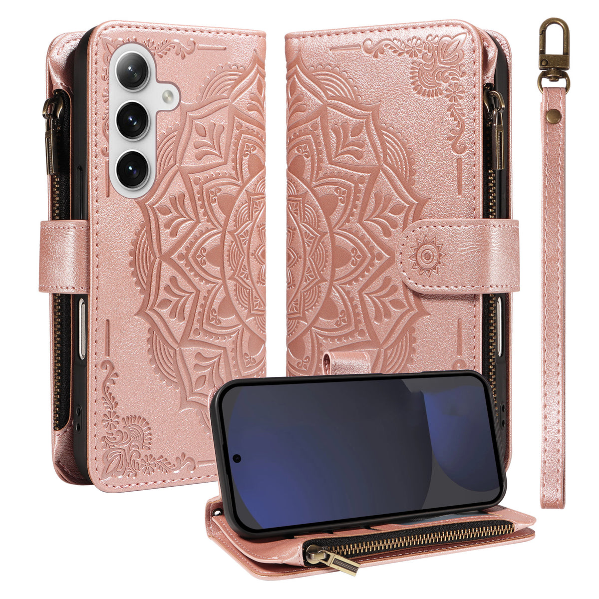 Til Samsung Galaxy S24 FE Pung-etui med 9 kortlommer, RFID-blokering, præget Mandala-mønster, flipcover i læder med håndledsrem