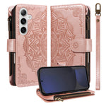 Til Samsung Galaxy S24 FE Pung-etui med 9 kortlommer, RFID-blokering, præget Mandala-mønster, flipcover i læder med håndledsrem