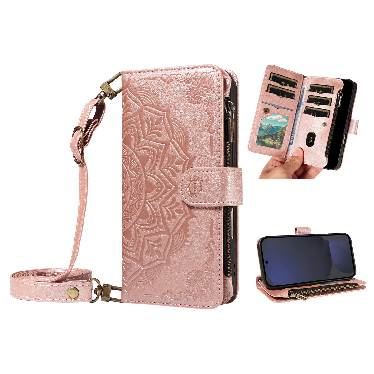 Til Samsung Galaxy S24 FE Pung-etui med 9 kortlommer, RFID-blokering, præget Mandala-mønster, flipcover i læder med håndledsrem