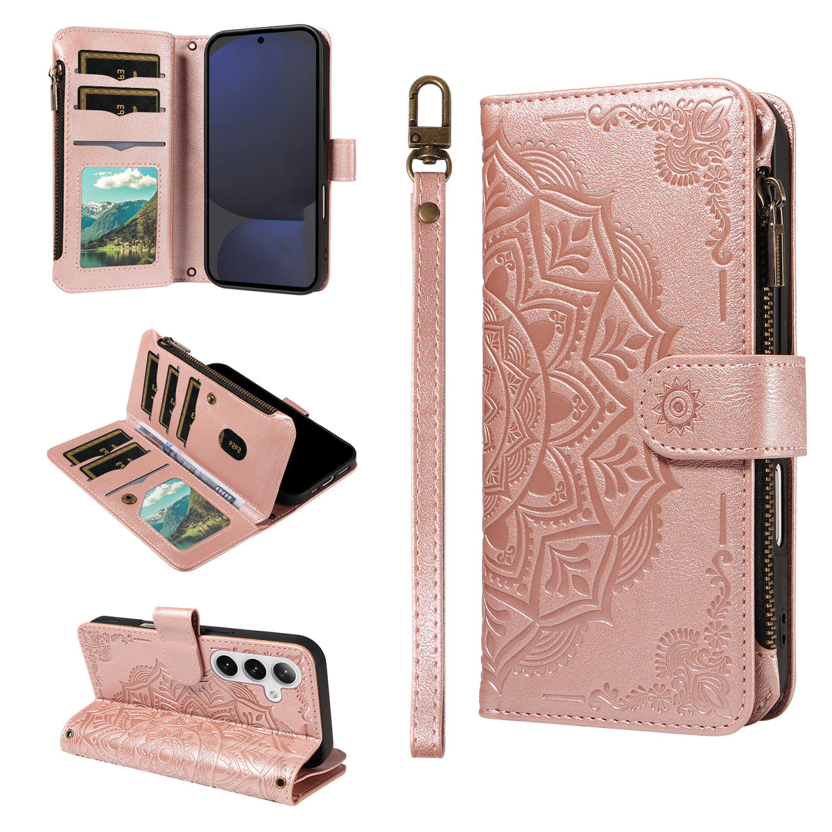 Til Samsung Galaxy S24 FE Pung-etui med 9 kortlommer, RFID-blokering, præget Mandala-mønster, flipcover i læder med håndledsrem