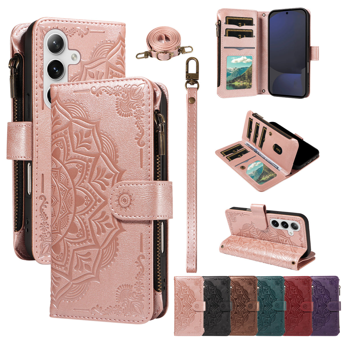 Til Samsung Galaxy S24 FE Pung-etui med 9 kortlommer, RFID-blokering, præget Mandala-mønster, flipcover i læder med håndledsrem
