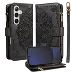 For Samsung Galaxy S24 FE Wallet Case 9 Card Slots RFID Blocking Mandala Embossed Leather Flip Cover with Wrist Strap