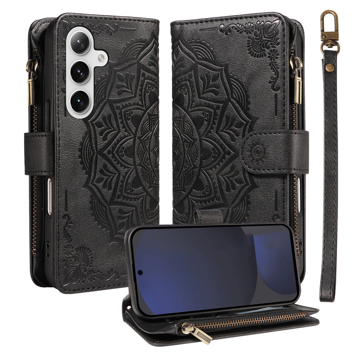 For Samsung Galaxy S24 FE Wallet Case 9 Card Slots RFID Blocking Mandala Embossed Leather Flip Cover with Wrist Strap