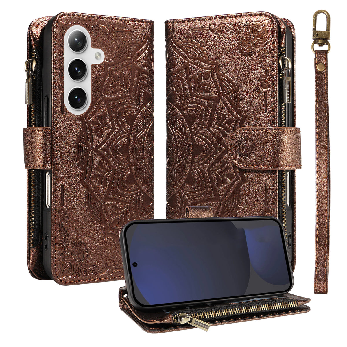 Til Samsung Galaxy S24 FE Pung-etui med 9 kortlommer, RFID-blokering, præget Mandala-mønster, flipcover i læder med håndledsrem