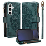 For Samsung Galaxy S24 FE Wallet Case 9 Card Slots RFID Blocking Mandala Embossed Leather Flip Cover with Wrist Strap