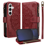 Til Samsung Galaxy S24 FE Pung-etui med 9 kortlommer, RFID-blokering, præget Mandala-mønster, flipcover i læder med håndledsrem