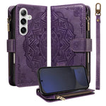 For Samsung Galaxy S24 FE Wallet Case 9 Card Slots RFID Blocking Mandala Embossed Leather Flip Cover with Wrist Strap