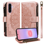 For Samsung Galaxy A27 5G Wallet Case 9 Card Slots RFID Blocking Mandala Embossed Leather Flip Cover with Wrist Strap