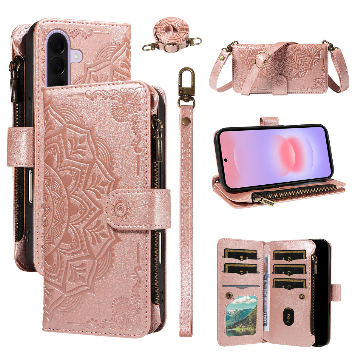 For Samsung Galaxy A27 5G Wallet Case 9 Card Slots RFID Blocking Mandala Embossed Leather Flip Cover with Wrist Strap