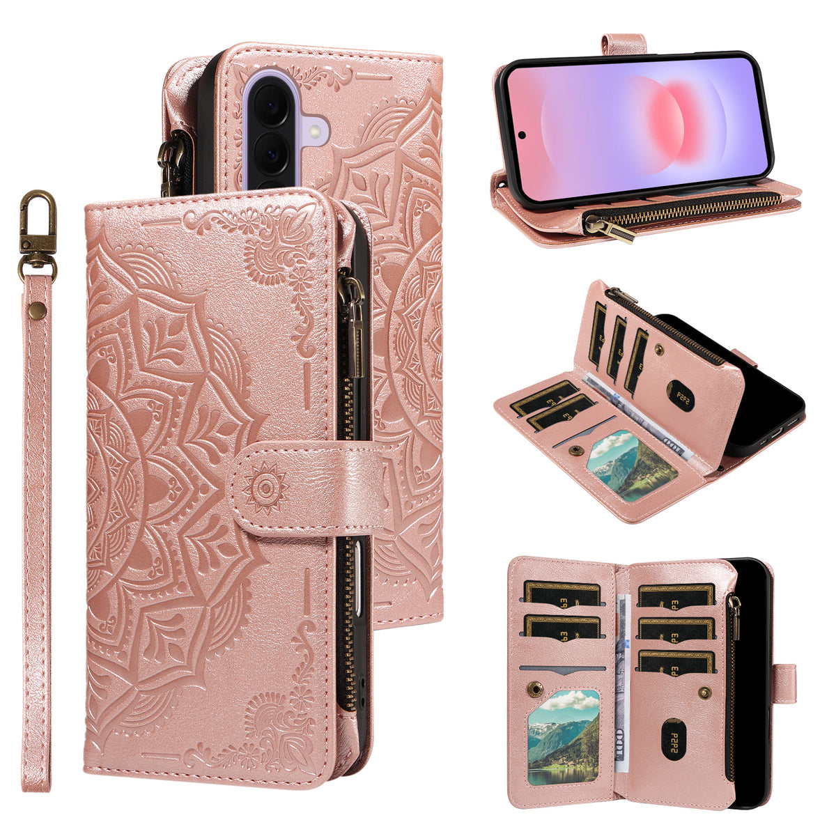 For Samsung Galaxy A27 5G Wallet Case 9 Card Slots RFID Blocking Mandala Embossed Leather Flip Cover with Wrist Strap