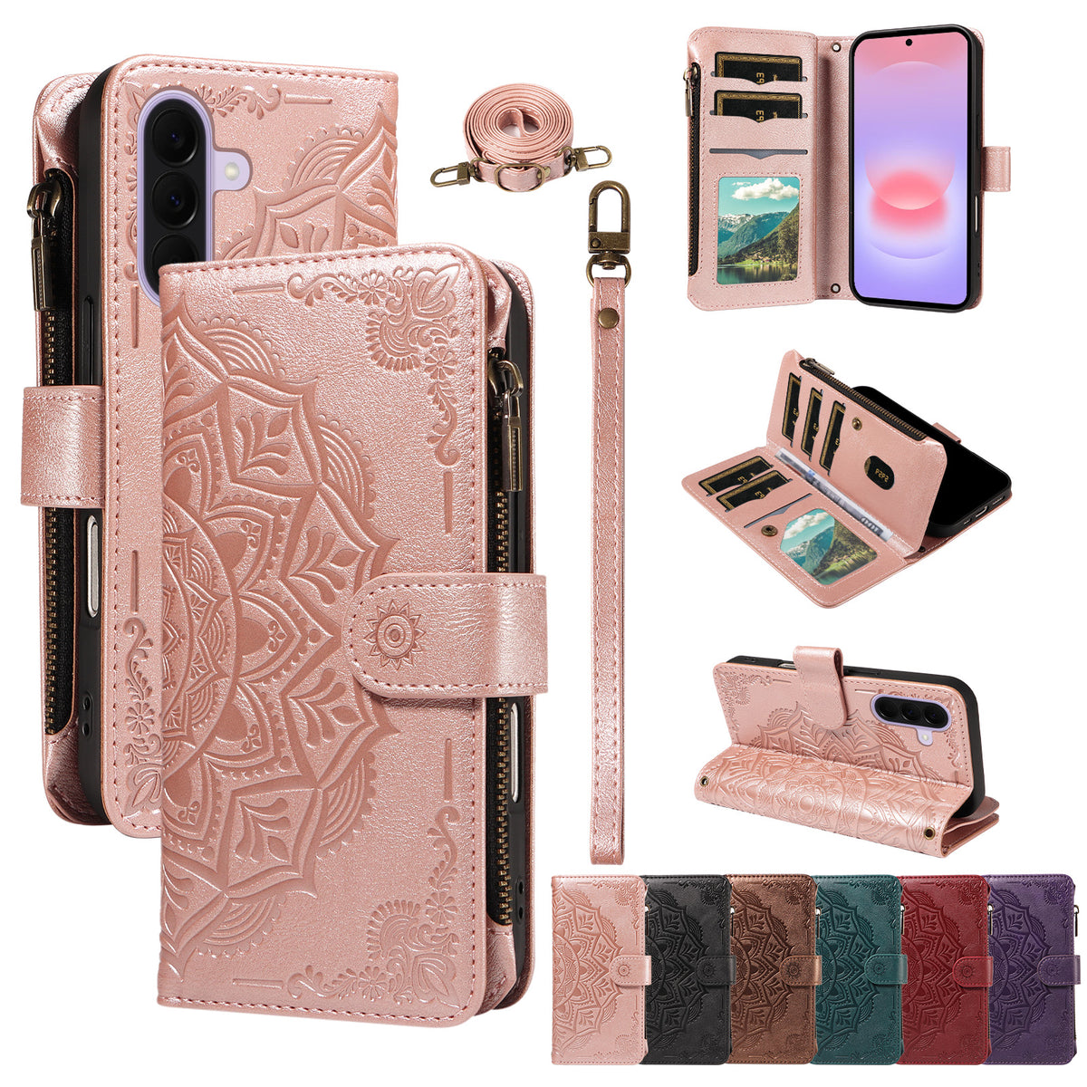 Samsung Galaxy A27 5G Plånboksfodral med 9 kortfack RFID-blockerande mandala-präglat läderflipfodral med handledsrem