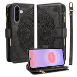For Samsung Galaxy A27 5G Wallet Case 9 Card Slots RFID Blocking Mandala Embossed Leather Flip Cover with Wrist Strap