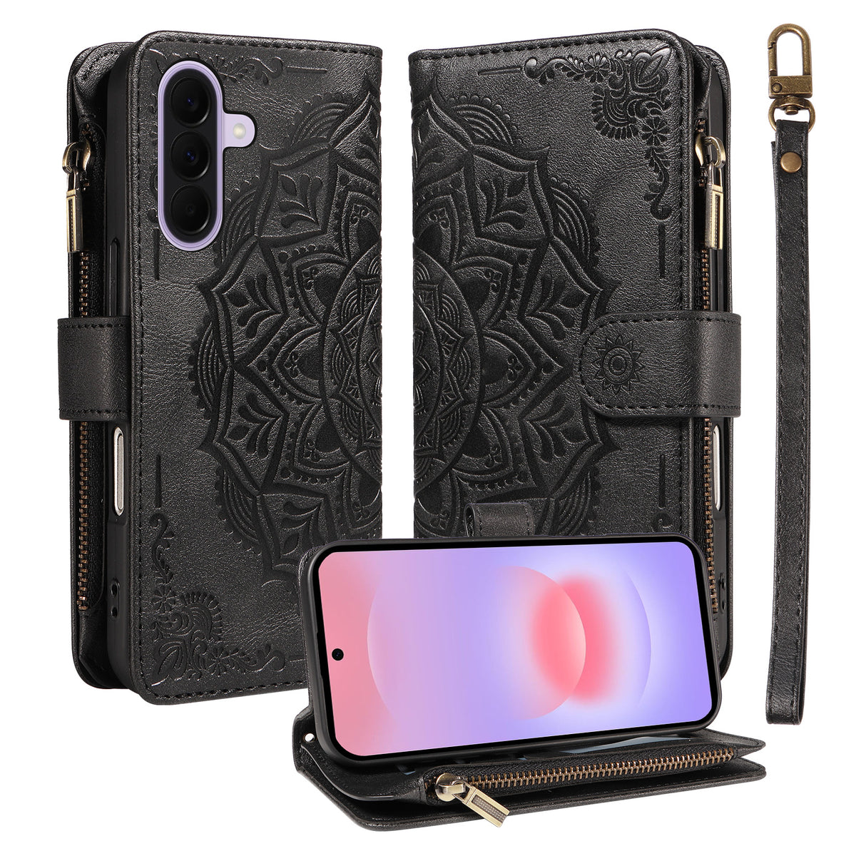 Samsung Galaxy A27 5G Plånboksfodral med 9 kortfack RFID-blockerande mandala-präglat läderflipfodral med handledsrem