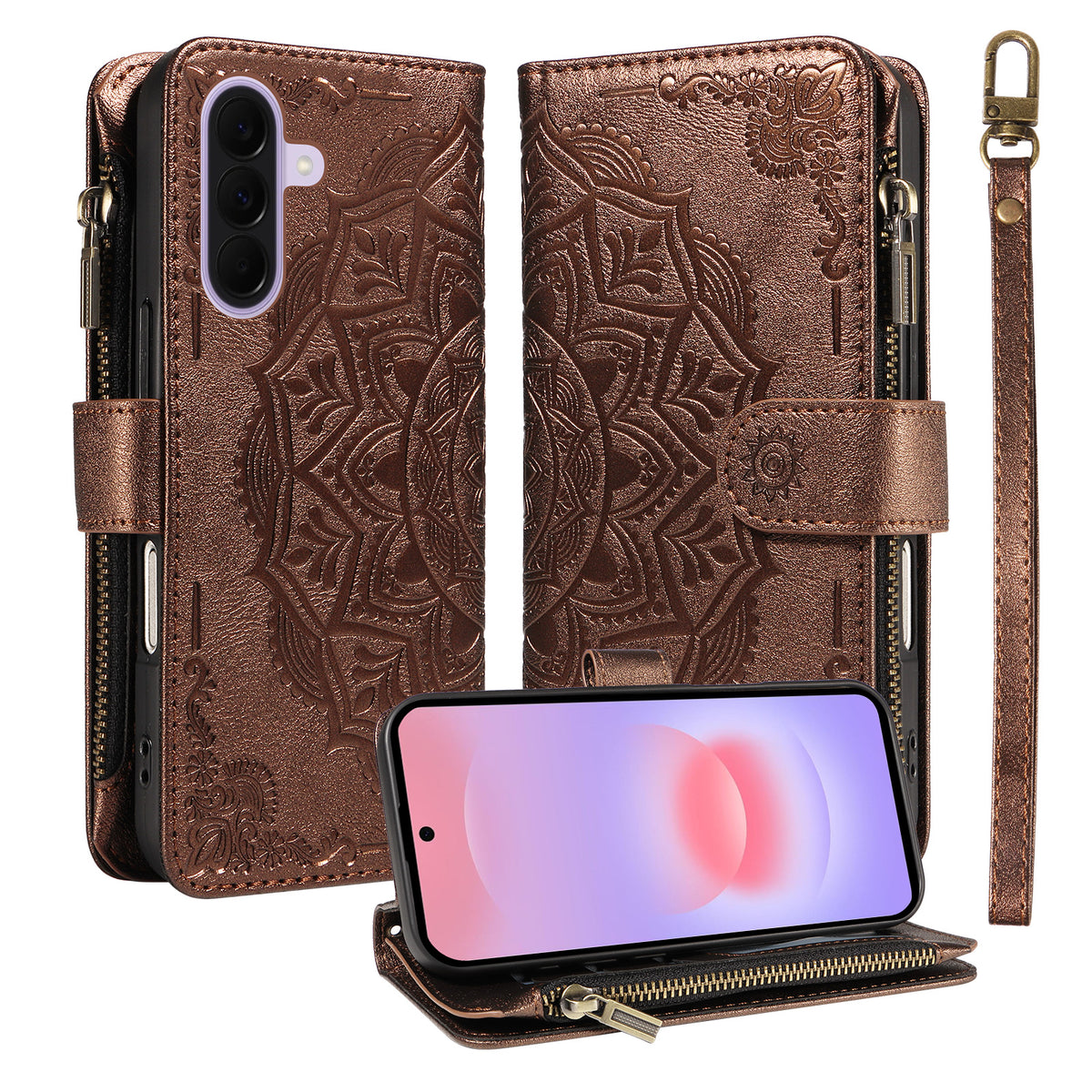 Samsung Galaxy A27 5G Plånboksfodral med 9 kortfack RFID-blockerande mandala-präglat läderflipfodral med handledsrem