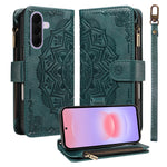 For Samsung Galaxy A27 5G Wallet Case 9 Card Slots RFID Blocking Mandala Embossed Leather Flip Cover with Wrist Strap