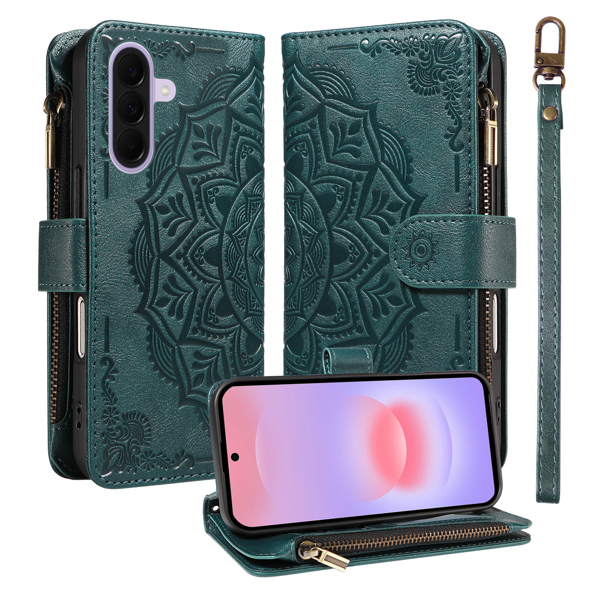 For Samsung Galaxy A27 5G Wallet Case 9 Card Slots RFID Blocking Mandala Embossed Leather Flip Cover with Wrist Strap