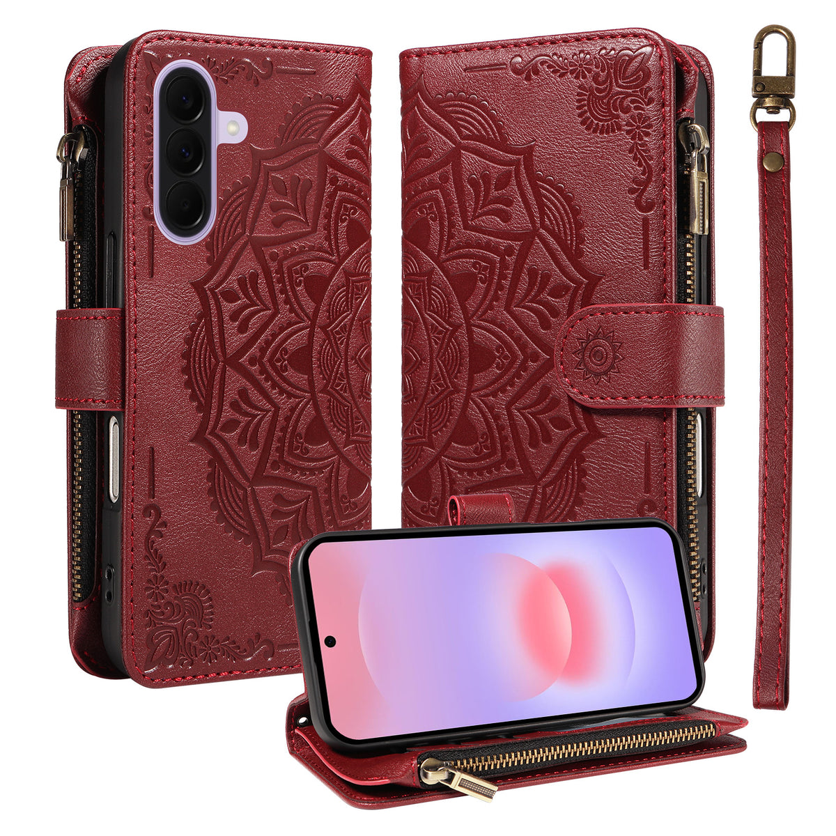Samsung Galaxy A27 5G Plånboksfodral med 9 kortfack RFID-blockerande mandala-präglat läderflipfodral med handledsrem
