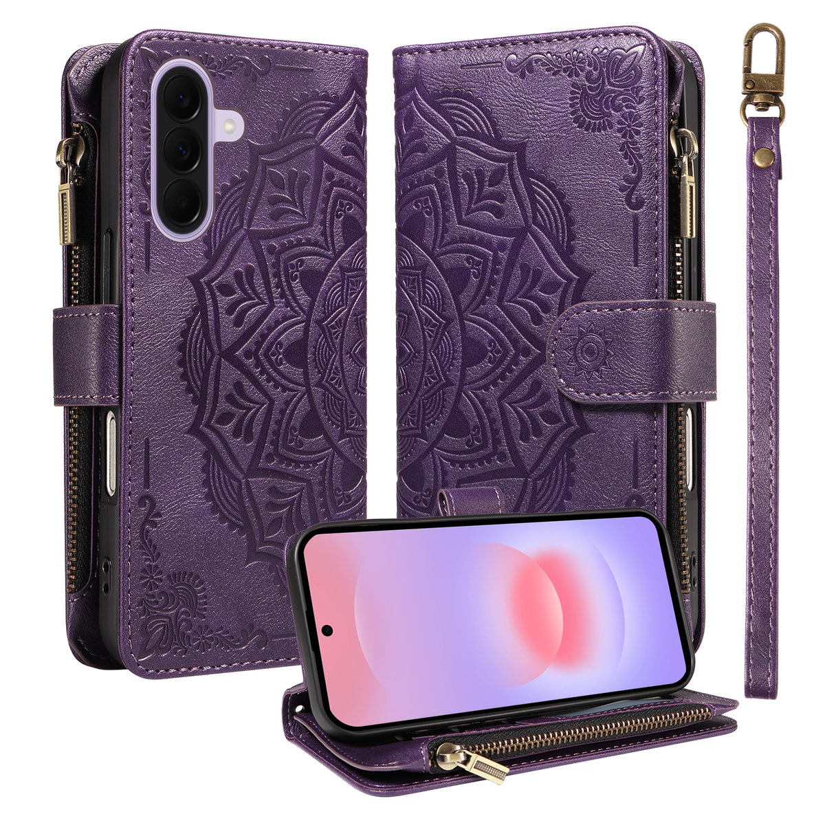 Samsung Galaxy A27 5G Plånboksfodral med 9 kortfack RFID-blockerande mandala-präglat läderflipfodral med handledsrem
