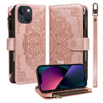 For iPhone 13 Wallet Case 9 Card Slots RFID Blocking Mandala Embossed Leather Flip Cover with Wrist Strap